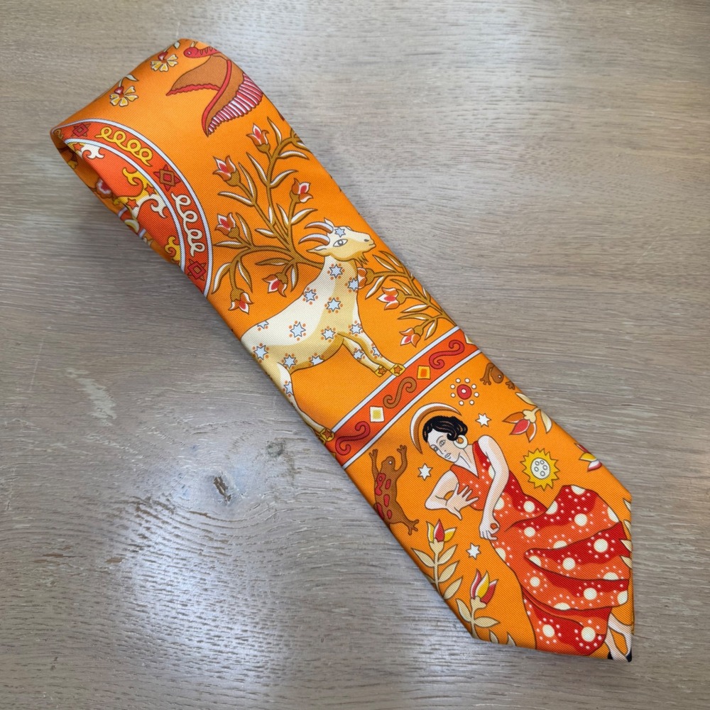 Hermes Peuple du Vent Silk Tie Mythological Goat Dancing Woman Twill Orange RARE